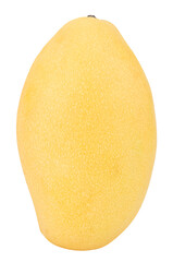 Vertical standing whole yellow ripe mango isolated on white background
