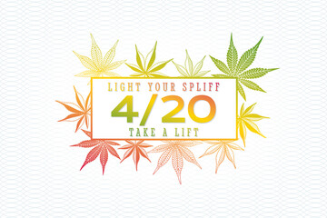 420 Creative Concept with Marijuana or Cannabis Leaves Numerals Logo and Light Your Spliff Take a Lift Lettering - Green Red and Yellow on White Background - Hand Drawn Design