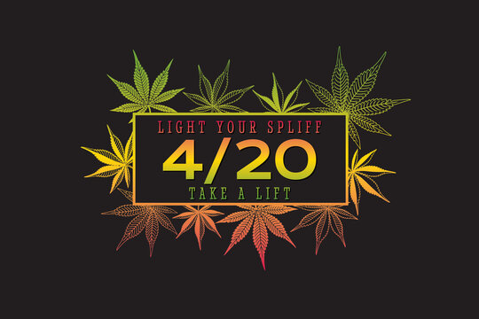 Marijuana. Cannabis leaf. Text 420. Hipster emblem. Monochrome