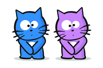 Two kitten characters who really need to pee. Vector illustration on white background