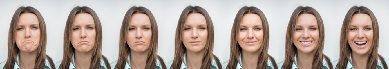 Woman face with emotions range from extremely sad to happy. Negative and positive emotions. Good and bad mood. Expressing different emotions. Mood disorders, bipolar disorder. Emotional contrast.