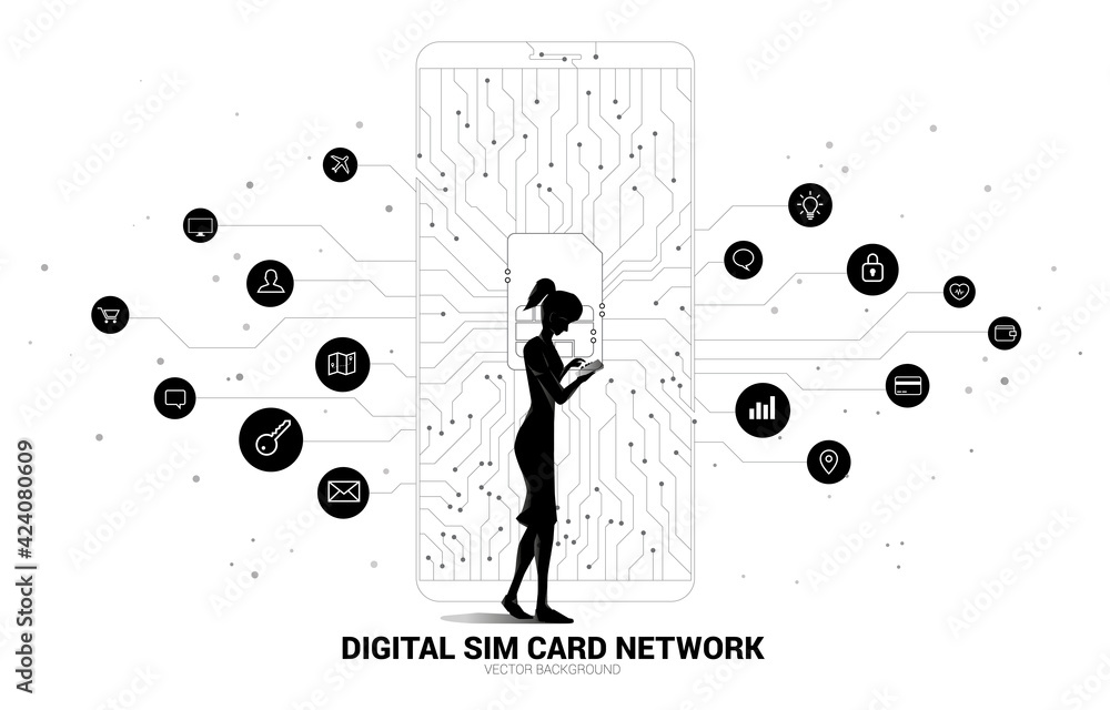Poster businesswoman with mobile phone and dot connect line shaped sim card icon in mobile phone circuit board style with functional icon. Concept for mobile sim card technology and network.