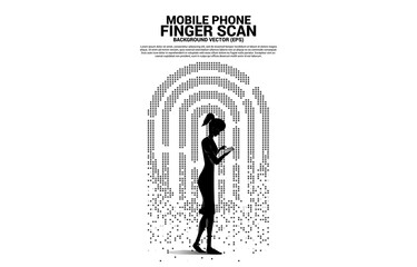 businesswoman with mobile phone and thumbprint icon from pixel transformation. background concept for finger scan technology and privacy access.