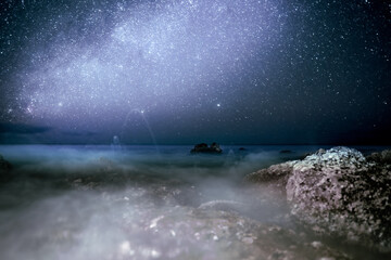 Ocean Island Fog on Star Filled Night Sky
