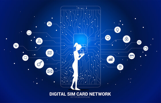 businesswoman with mobile phone and dot connect line shaped sim card icon in mobile phone circuit board style with functional icon. Concept for mobile sim card technology and network.