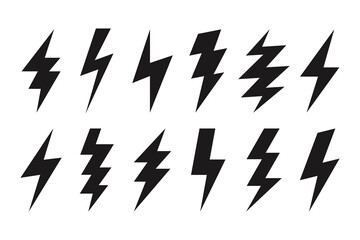 Thunder lightning web icons. Isolated bolt shapes in black color. Danger symbols, rainstorm. Set of volt vector signs