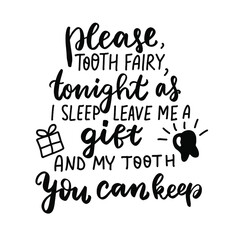 Tooth fairy poem. Hand lettering. Tiny tooth design elements. Silhouette black children tooth card saying. Dental vector illustration. Brush calligraphy.