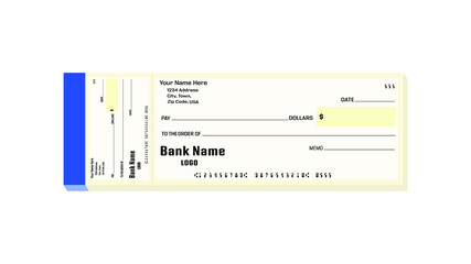 Cheque book in yellow color and orange cover book with gray and black pen in white background