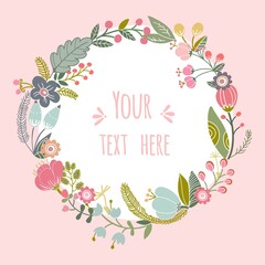 Beautiful greeting card with floral wreath. Bright illustration, can be used as creating card, invitation card for wedding,birthday and other holiday and cute summer background.