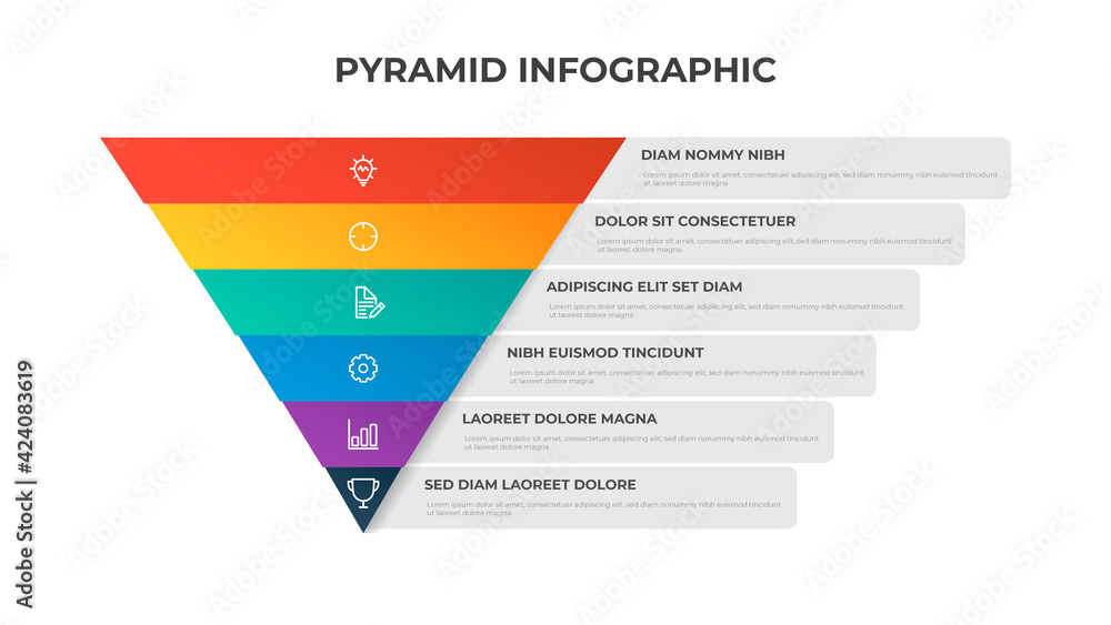 Poster 6 points of pyramid list diagram, triangle segmented level layout, infographic element template vect