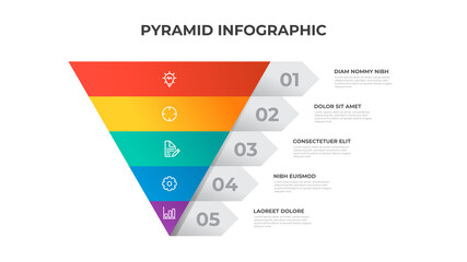 5 points of pyramid list diagram, triangle segmented level layout, infographic element template vector