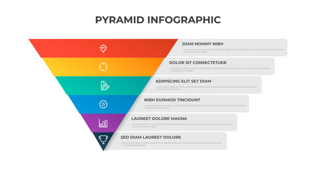 6 points of pyramid list diagram, triangle segmented level layout, infographic element template vector