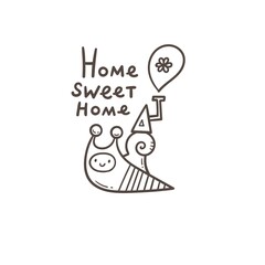 Card with cute cartoon snail and his house. Doodle cartoon  poster. Vector print with insect. Home sweet home.