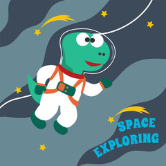 Fototapeta premium Funny dinosaur in space.Dinosaur in outer space. Vector hand-drawn color children's illustration background for fabric, textile, nursery wallpaper, poster, card, brochure. and other decoration.