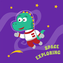 Obraz premium Funny dinosaur in space.Dinosaur in outer space. Vector hand-drawn color children's illustration background for fabric, textile, nursery wallpaper, poster, card, brochure. and other decoration.