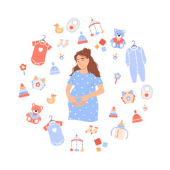 Flat pregnant woman on white baby background with child care items newborn toy, bib, pacifier, feeding bottle, rattle, diaper, clothes, nipple. Maternity concept design. Cartoon vector illustration.