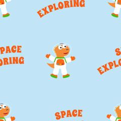 Seamless pattern vector of Funny dinosaur astronaut in space. Dinosaur in outer space. Creative vector childish background for fabric, textile, nursery wallpaper, card, poster and other decoration.