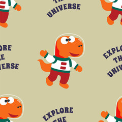 Fototapeta premium Seamless pattern vector of Funny dinosaur astronaut in space. Dinosaur in outer space. Creative vector childish background for fabric, textile, nursery wallpaper, card, poster and other decoration.