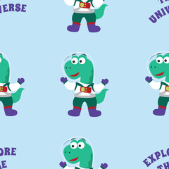 Seamless pattern vector of Funny dinosaur astronaut in space. Dinosaur in outer space. Creative vector childish background for fabric, textile, nursery wallpaper, card, poster and other decoration.