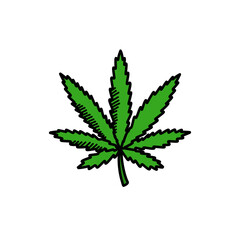 hemp leaf doodle icon, vector color line illustration
