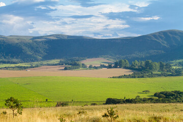 Obraz premium aerial landscape of plantation on farms with blue sky and clouds