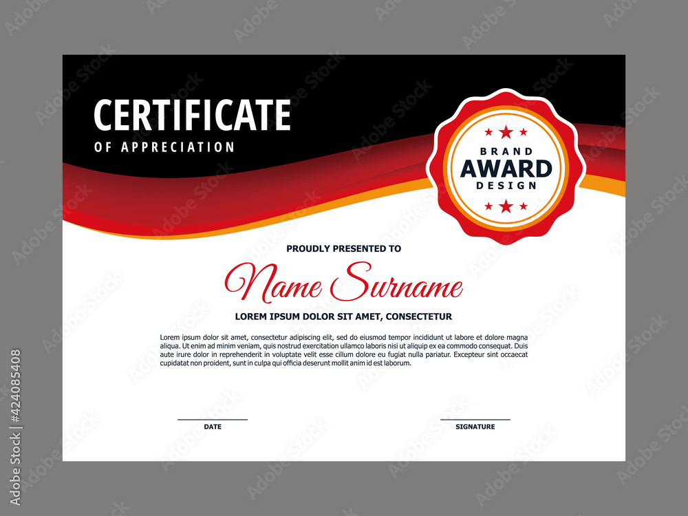 Poster abstract smooth certificate with red black wavy element design, professional, modern, elegant certif