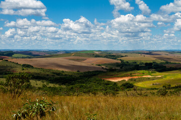 green field with blue sky with white clouds