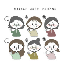 複雑な表情で忠告する中年女性のイラストセット