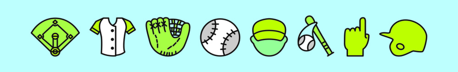 set of baseball element cartoon design template with various models. vector illustration isolated on background
