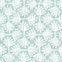 Aegean teal washed out flower linen texture background. Summer coastal living style tonal fabric effect. Sea green wash distressed grunge material. Decorative floral motif textile seamless pattern 
