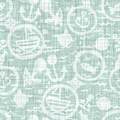 Aegean teal sail boat patterned linen texture background. Summer coastal living style home decor fabric effect. Sea green wash grunge sailing fashion. Decorative maritime textile seamless pattern

