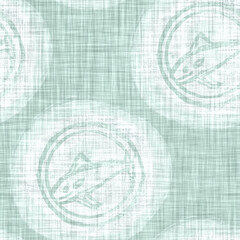 Obraz premium Aegean teal tonal fish linen texture background. Summer coastal living style 2 tone fabric effect. Sea green washed out distress grunge material. Calm swimming fishes motif textile seamless pattern 