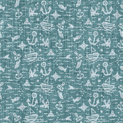 Aegean teal sail boat patterned linen texture background. Summer coastal living style home decor fabric effect. Sea green wash grunge sailing fashion. Decorative maritime textile seamless pattern
