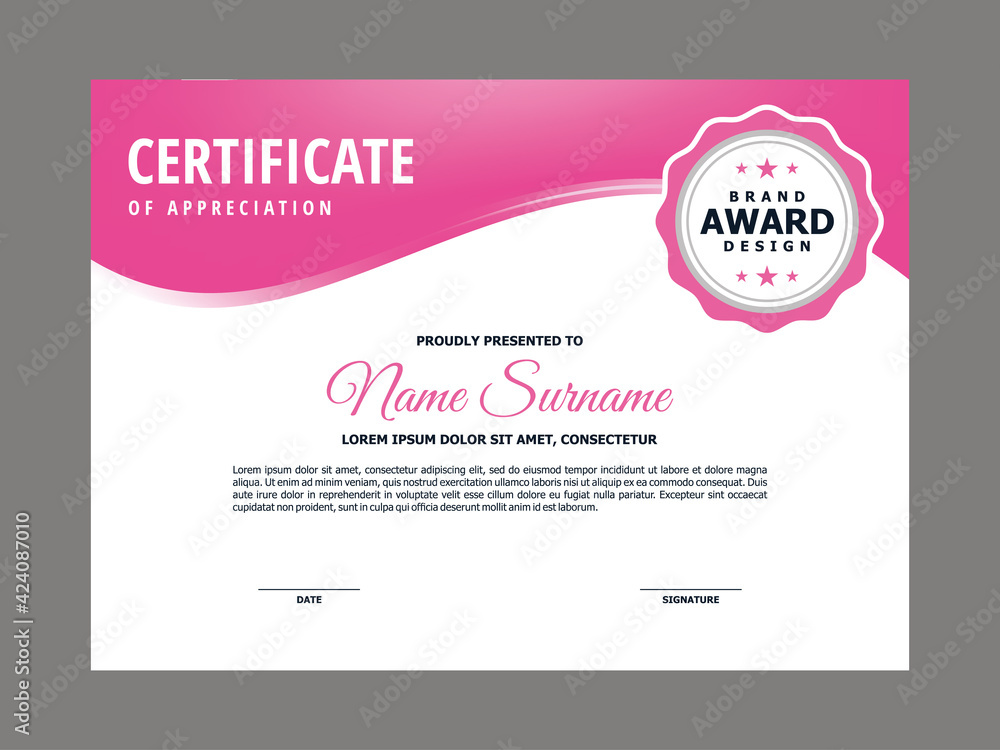 Poster abstract smooth certificate with fresh pink wavy element design, professional, modern, elegant certi