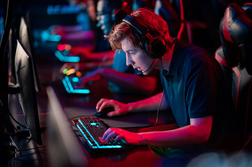A multi-racial team of esports athletes conducts a training session before an online shooter tournament. Neon light.