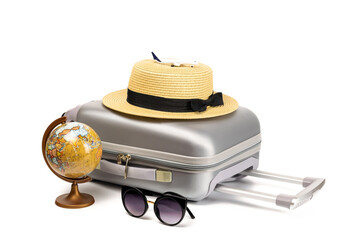 Hello summer. Womens accessories traveler: suitcase, straw hat, sunglasses and globe isolated on white background with empty space for text. Tranquil beach scene with copy space.