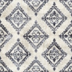 Seamless grungy tribal ethnic rug motif pattern. High quality illustration. Distressed old looking native style design in shades of gray and cream. Old artisan textile seamless pattern.