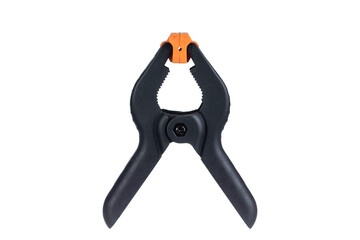 Plastic black clamp on a white background.