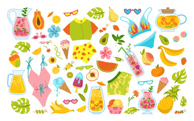 Summer hawaiian cartoon set. Beach party scrapbook doodle elements. Summertime icon ice cream, cocktail jar, bikini, monstera kettle, figs, tea, papaya. Flat Hand drawn Isolated vector illustration