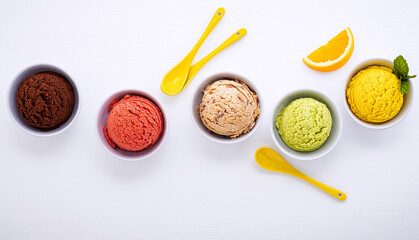 Various of ice cream flavor ball blueberry ,lime ,pistachio ,almond ,orange ,chocolate and vanilla set up on white wooden background . Summer and Sweet menu concept.