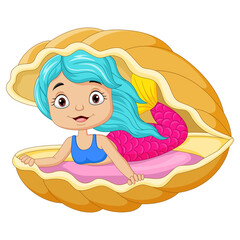 Obraz na płótnie Canvas Cartoon little mermaid girl in the shell