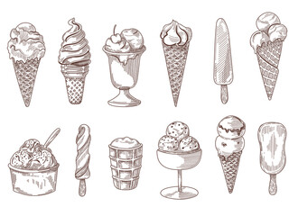 Set of vintage hand drawn ice cream sketches vector illustration. Different engraved sweet frozen desserts in steel, plastic, glass or waffle and paper bowls with flavors. Cafe, dessert, food concept
