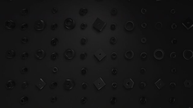Fashionable background animation of black neomorphism movement with rotation of various shapes with shadow. This dark minimalist abstract background.