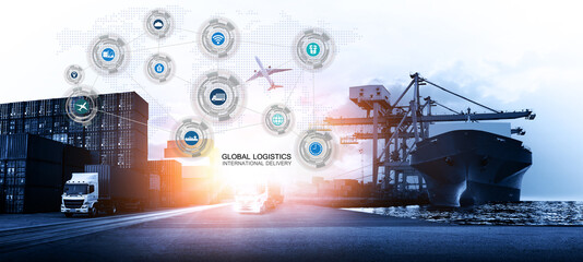 World map with logistic network distribution on background. Logistic and transport concept in front Container Cargo freight ship for Concept of fast or instant shipping, Online goods orders worldwide