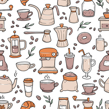 Hand drawn seamless pattern of different types coffee cup, mug, pot, coffee machine. Doodle sketch style. Isolated vector illustration for coffee shop, cafe wallpaper, background, textile design.
