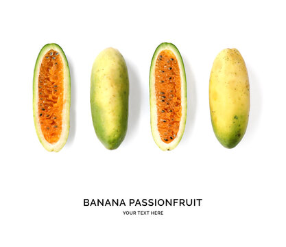 Creative layout made of banana passionfruit on the white background. Flat lay. Food concept. Banana passionfruit on the white background.