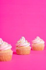 Homemade pink frosted vanilla cupcakes with sprinkles on a bright pink background