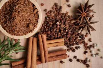 Stew powder and spices in a wooden cup with black background, industry concept