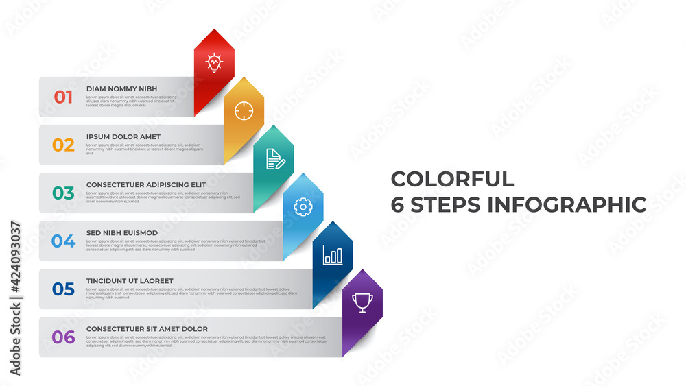 Poster 6 points of list diagram, pyramid steps with arrow layout, infographic element template vector