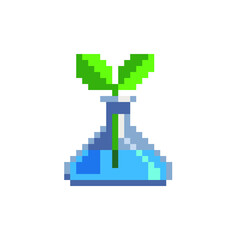 Eco technology concept. Lab flask pixel art icon. Chemical test tube with green plant. Logo for pharmacy, science, medicine, education, biotechnology and health. Isolated vector illustration.